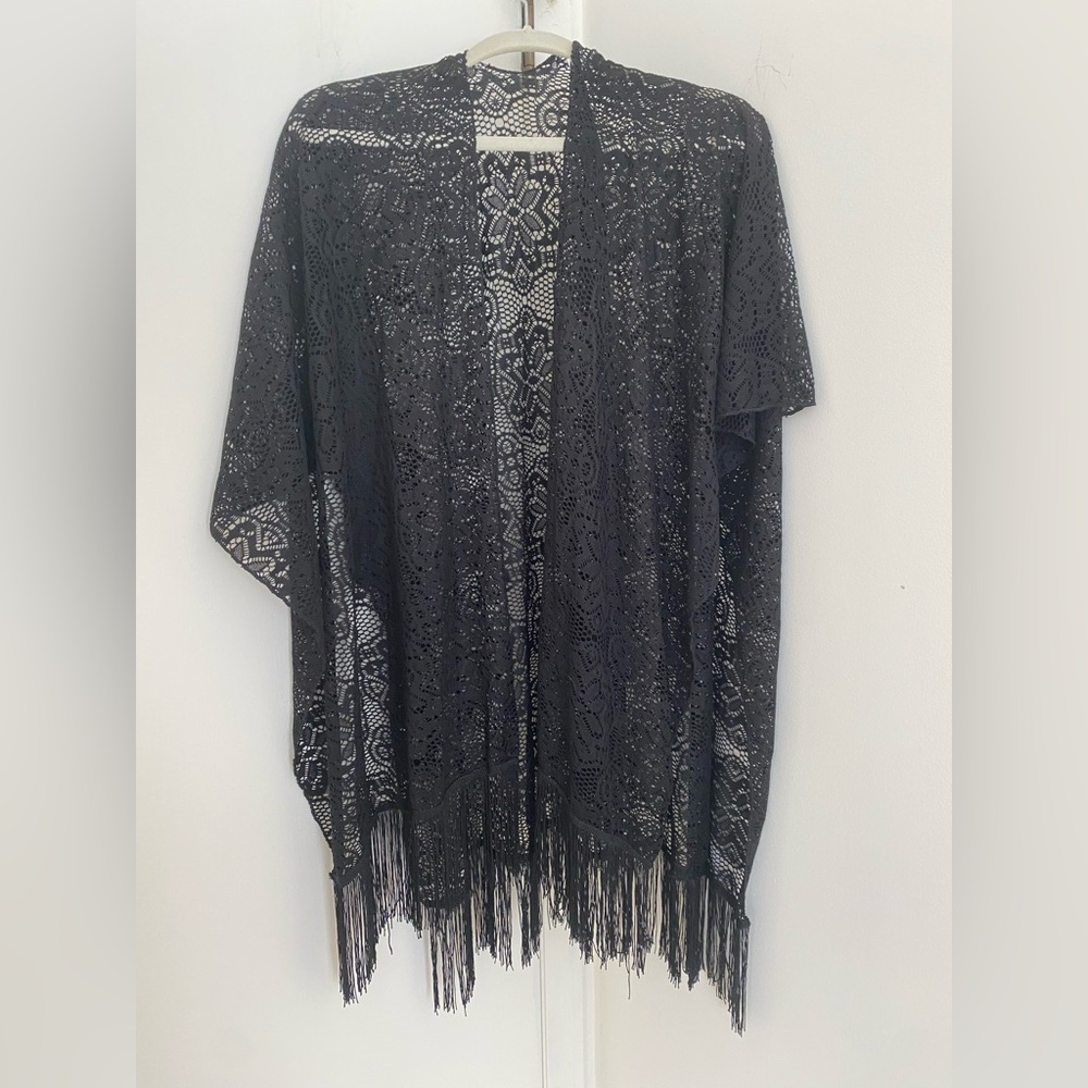 Bohemian Western Fringe Black Floral Lace Shawl Wrap Beach Cover-Up Festival